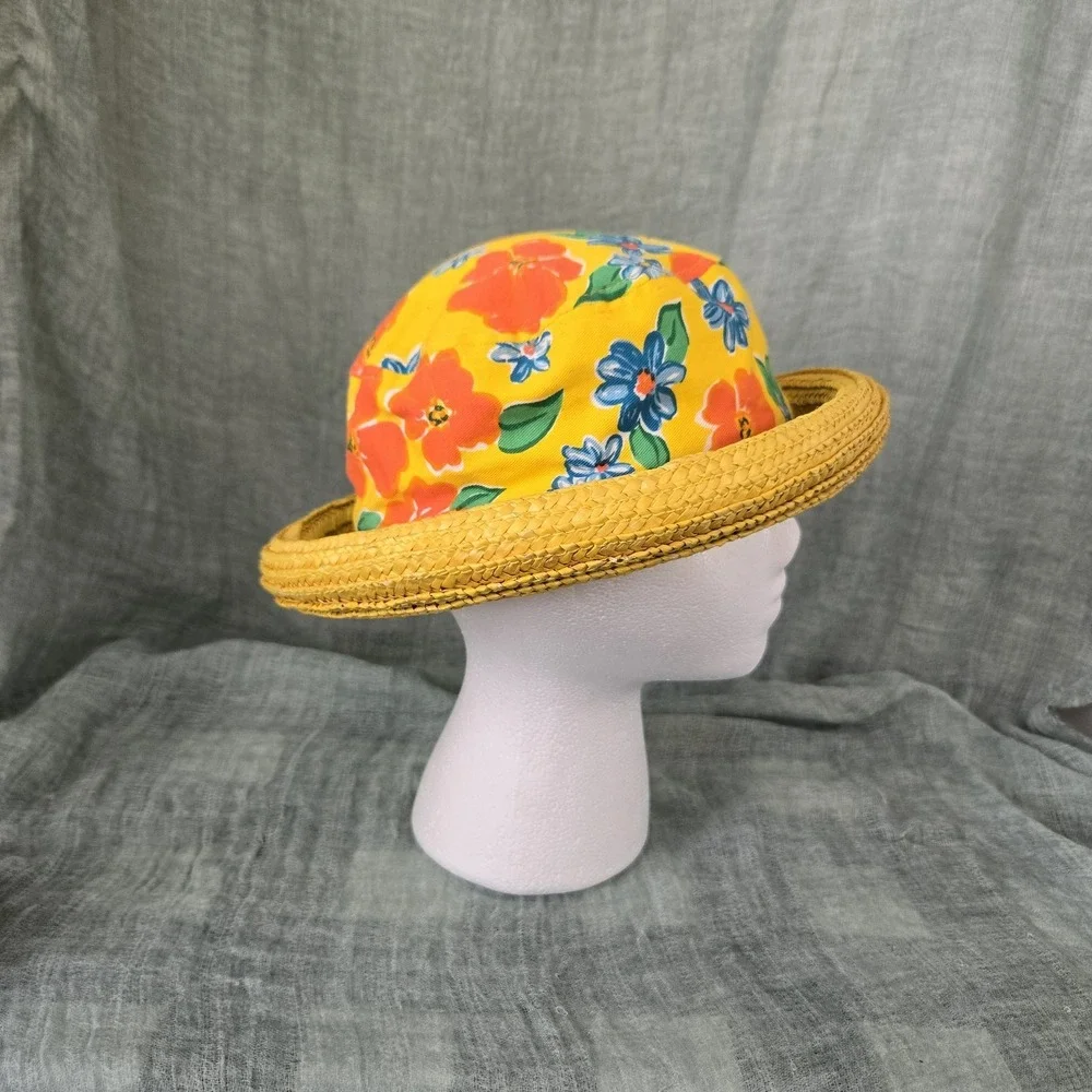 Women's Hat Yellow Rolled Straw Brim w/ Floral 100% Cotton Fabric Crown Size S/M